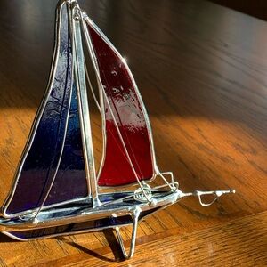 Mid-Century Modern 6” Stained Glass Sailboat Art Decor